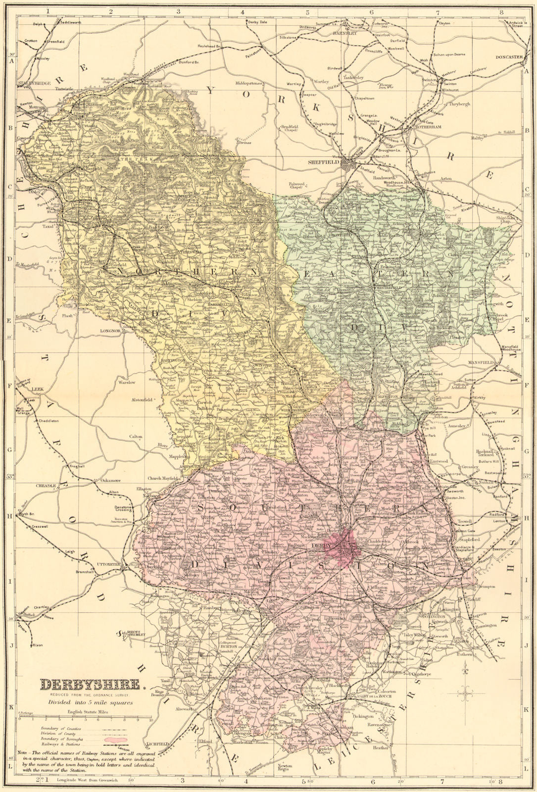 DERBYSHIRE. Antique county map by GW BACON 1884 old plan chart
